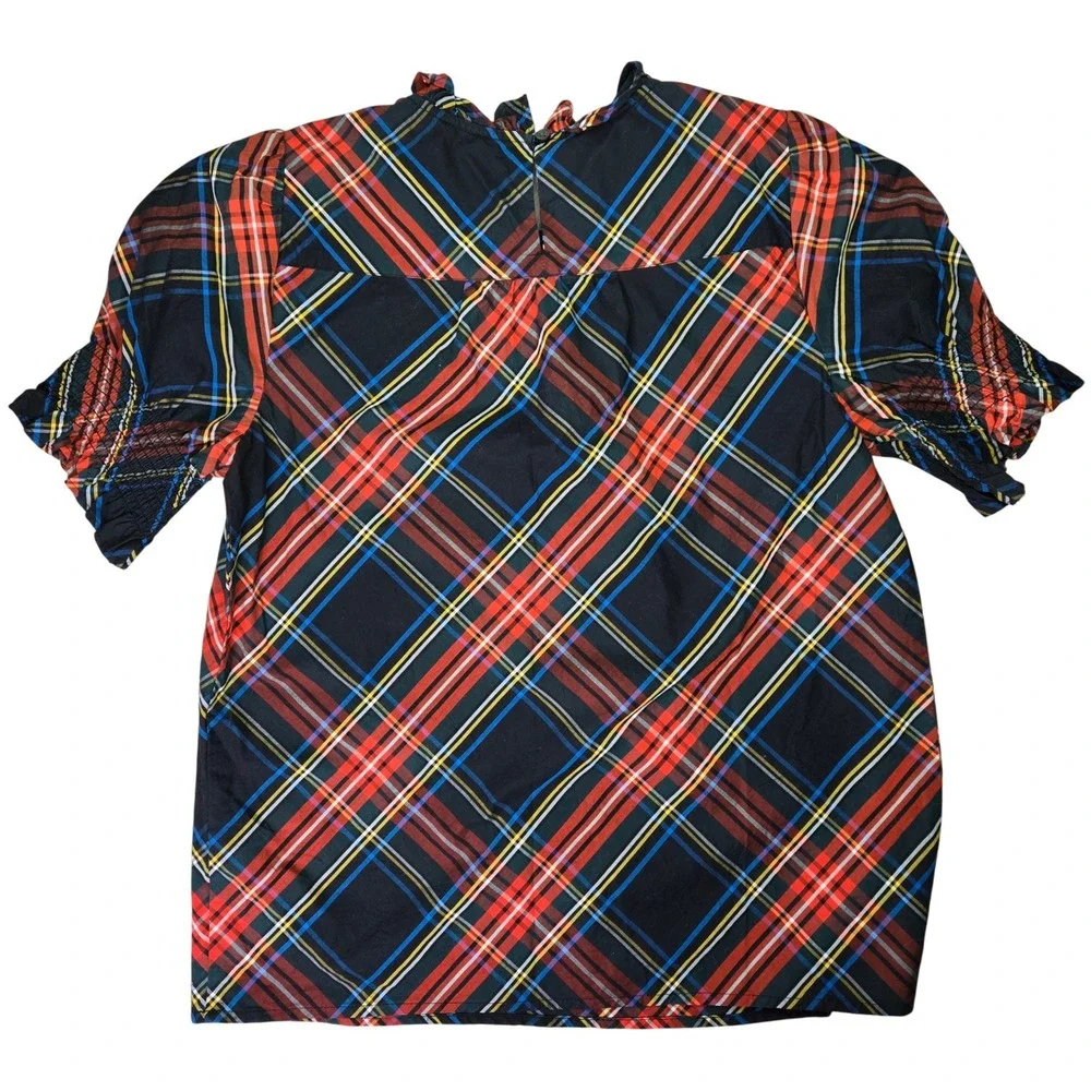 J. Crew Womens BN162 Tartan Plaid Ruffle Neck Puff Sleeve‎ Cotton Top Small